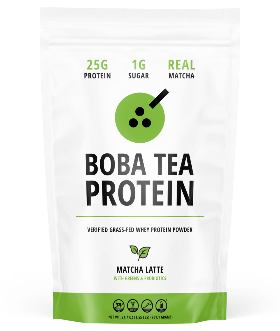 Boba Tea Protein Matcha Latte powder jar showing real ingredients and authentic flavor.