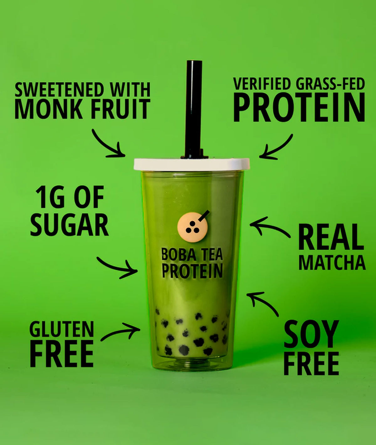 Prepared Boba Tea Protein Matcha Latte in glass showcasing a refreshing, low-carb drink.