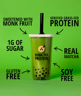 Prepared Boba Tea Protein Matcha Latte in glass showcasing a refreshing, low-carb drink.