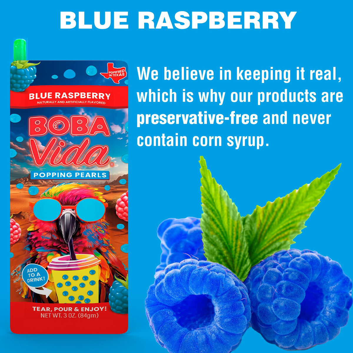 Close-up of bursting blue raspberry pearls showing popping texture.