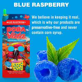Close-up of bursting blue raspberry pearls showing popping texture.