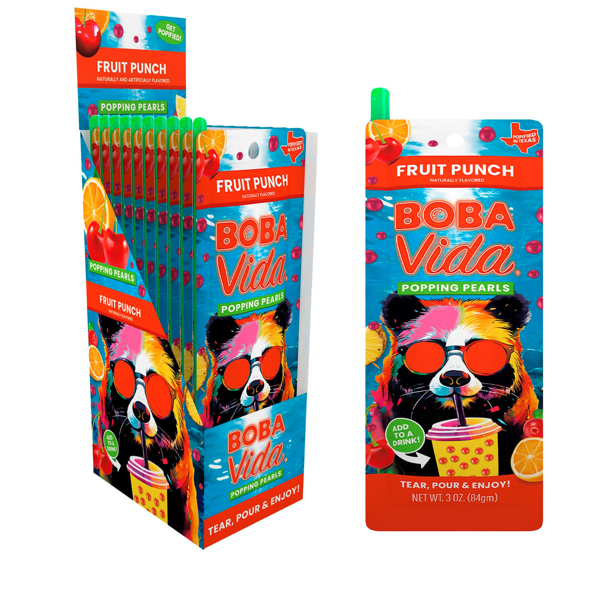 BOBAVIDA Fruit Punch Boba Pearls pack, ready-to-use servings for drinks and desserts.