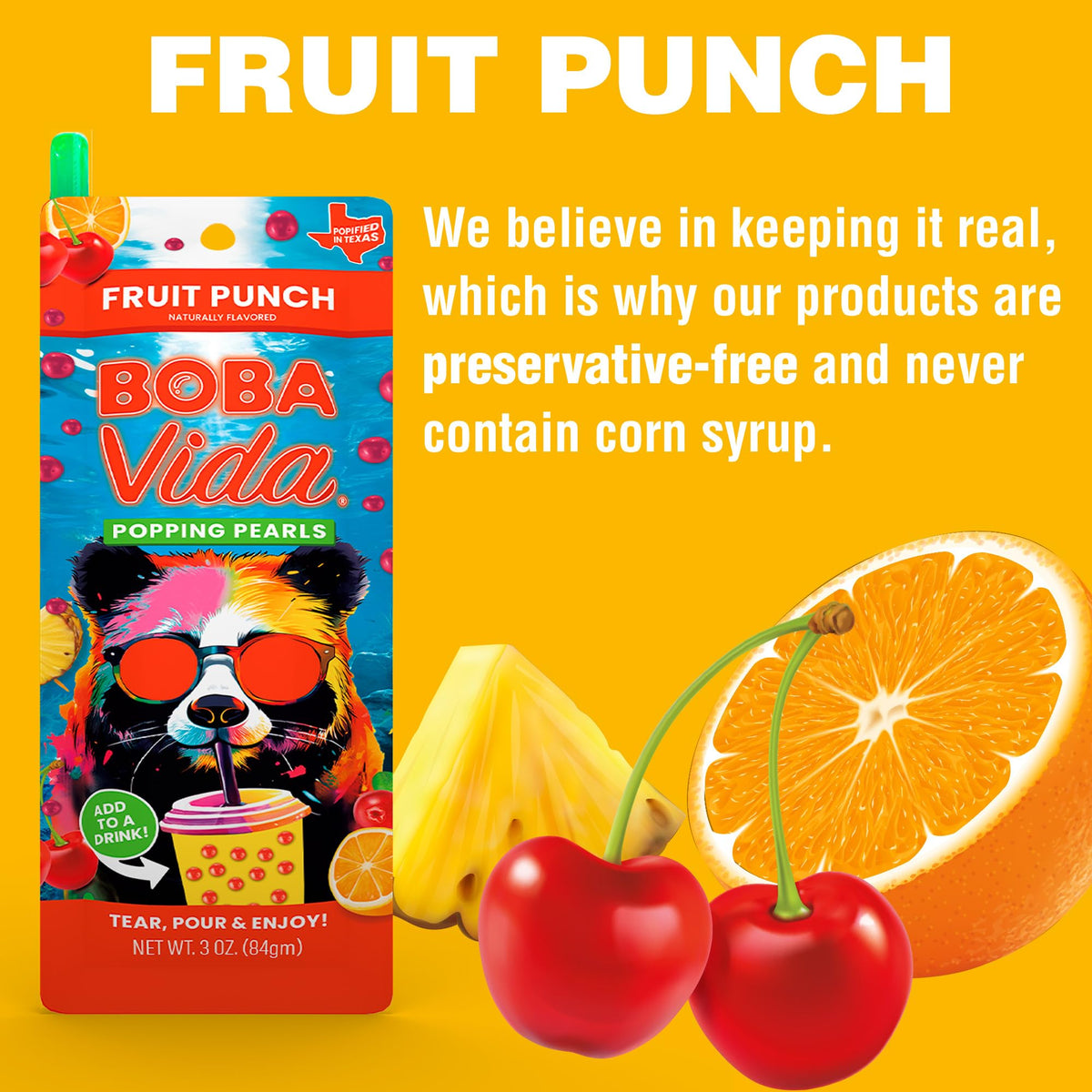 Pouring BOBAVIDA pearls into a glass for a fruity beverage.
