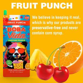 Pouring BOBAVIDA pearls into a glass for a fruity beverage.