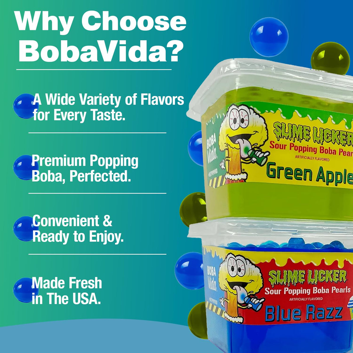 BOBAVIDA Slime Licker gluten-free, dairy-free boba pearls for clean snacking.
