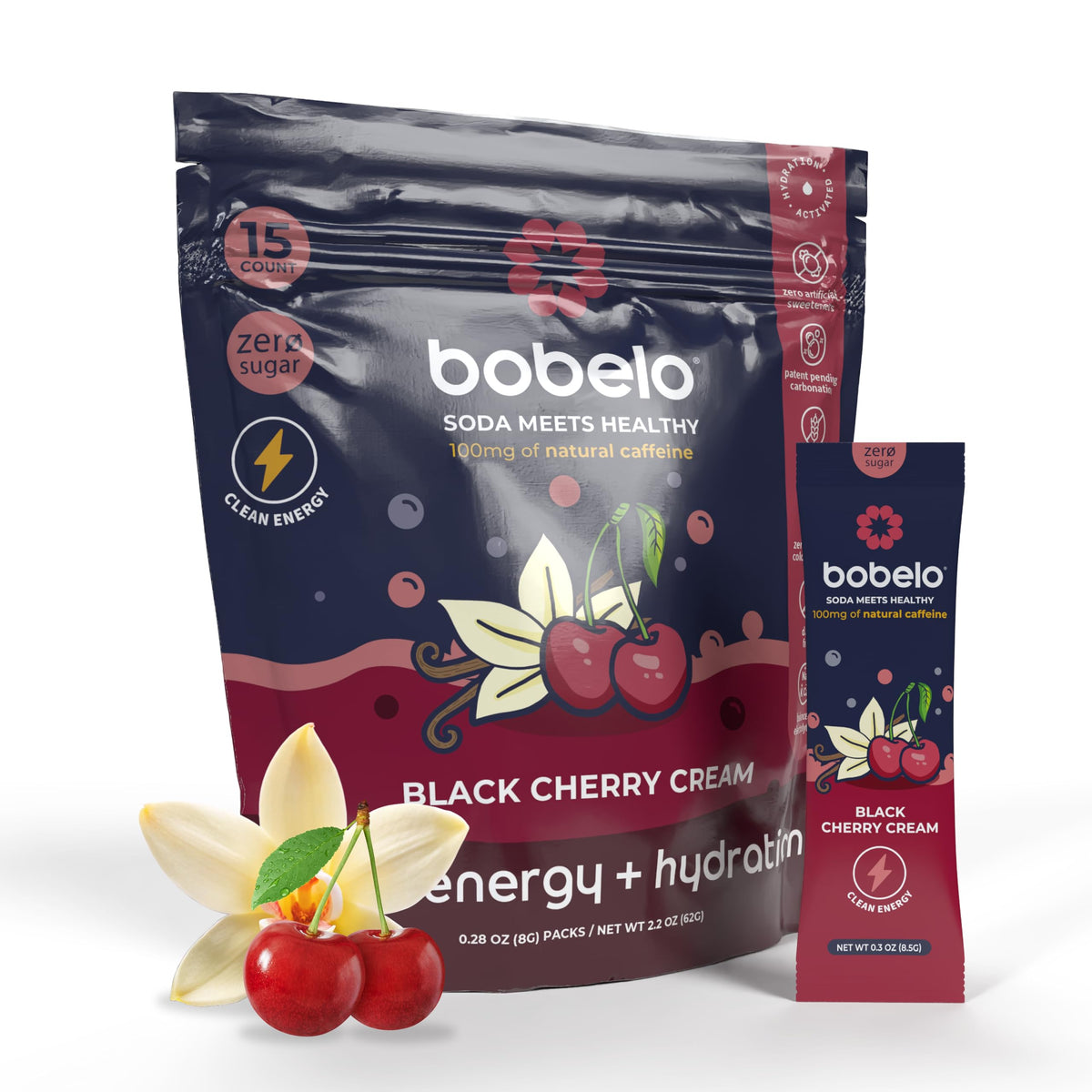 Bobelo Black Cherry Cream sachets for convenient on-the-go hydration.
