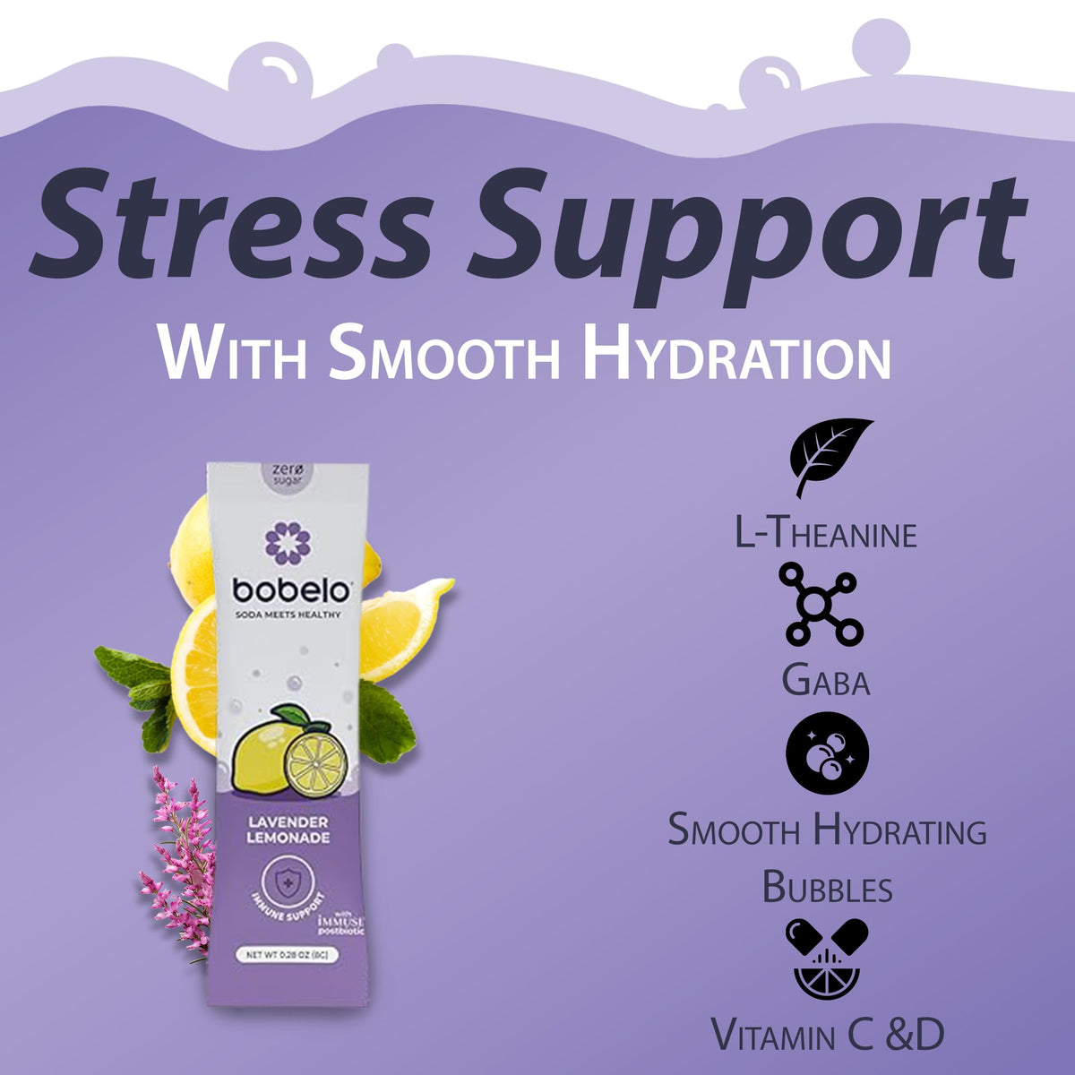 Bobelo glass shows lavender lemonade fizz perfect for refreshment