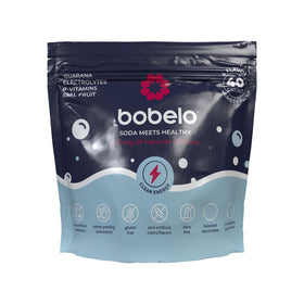 Bobelo Peach Mango flavor packet showing real fruit ingredients and caffeine for sustained hydration.