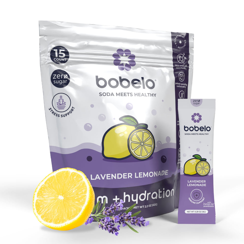 Bobelo Lavender Lemonade hydration packets ready to mix for sparkling hydration