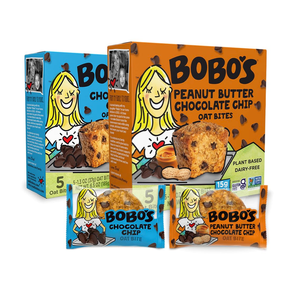 Bobo's Oat Bites chocolate chip close-up, chewy texture for a quick, on-the-go snack.