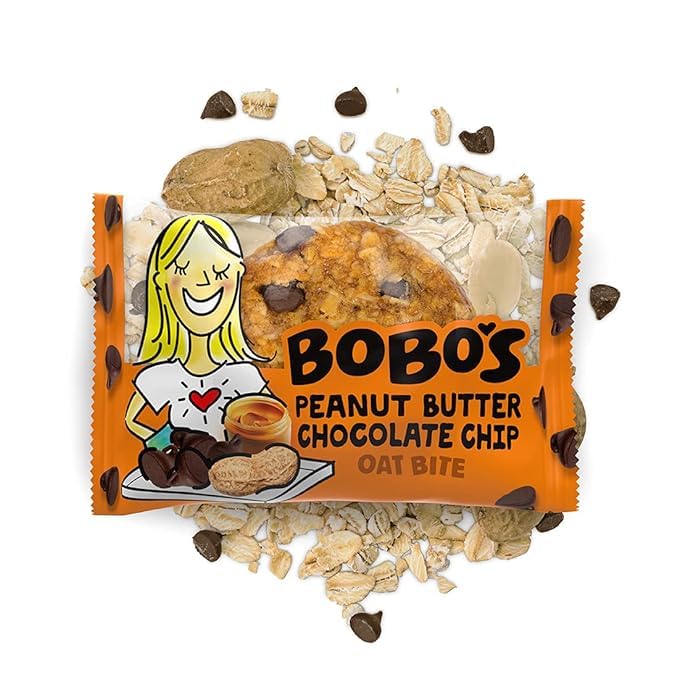 Bobo's Oat Bites chocolate chip variety box front, convenient 30-count snack for families.