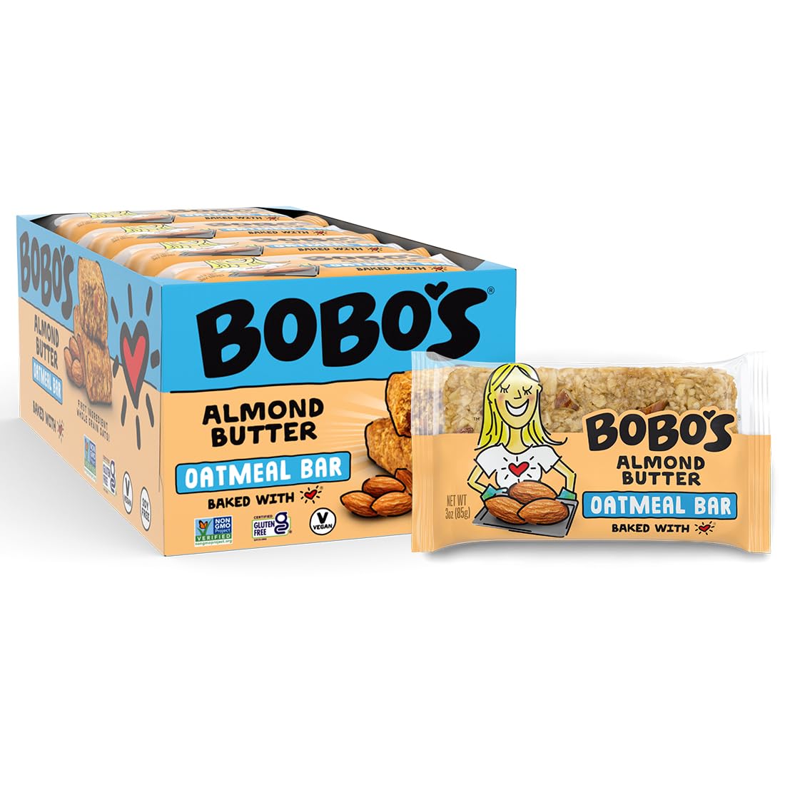 Bobo's Almond Butter Oat Bars close-up shows wholesome whole grains and energy.