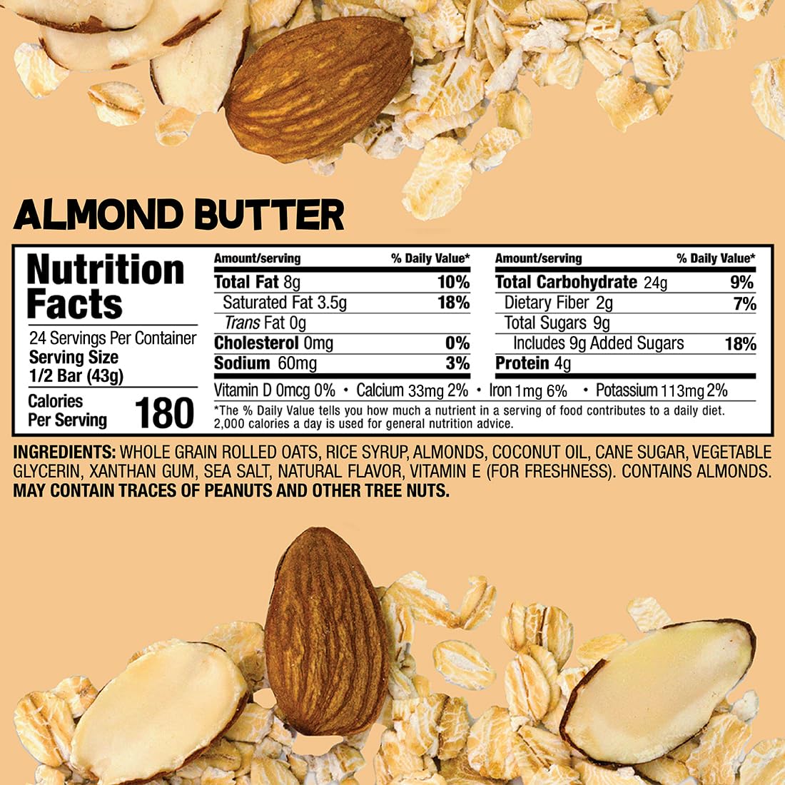 Bobo's Almond Butter Oat Bars ingredients info highlighting gluten-free oats and almond butter.