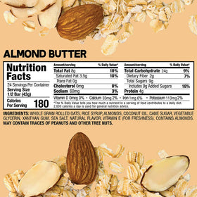 Bobo's Almond Butter Oat Bars ingredients info highlighting gluten-free oats and almond butter.