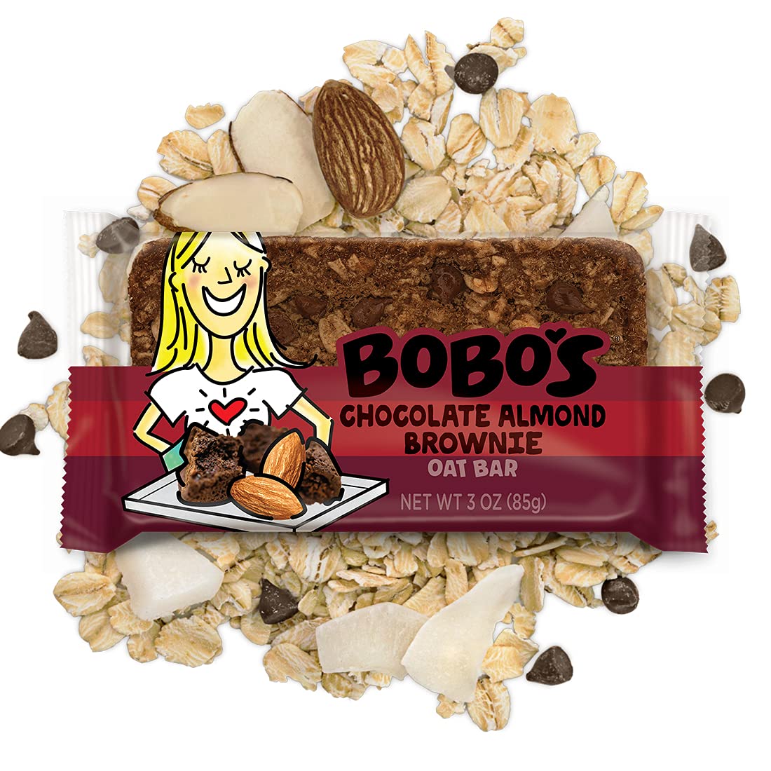 Close-up of oats in Bobo's Chocolate Almond Brownie Oat Bar showing wholesome ingredients.