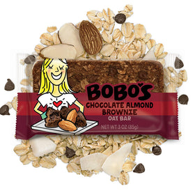 Close-up of oats in Bobo's Chocolate Almond Brownie Oat Bar showing wholesome ingredients.
