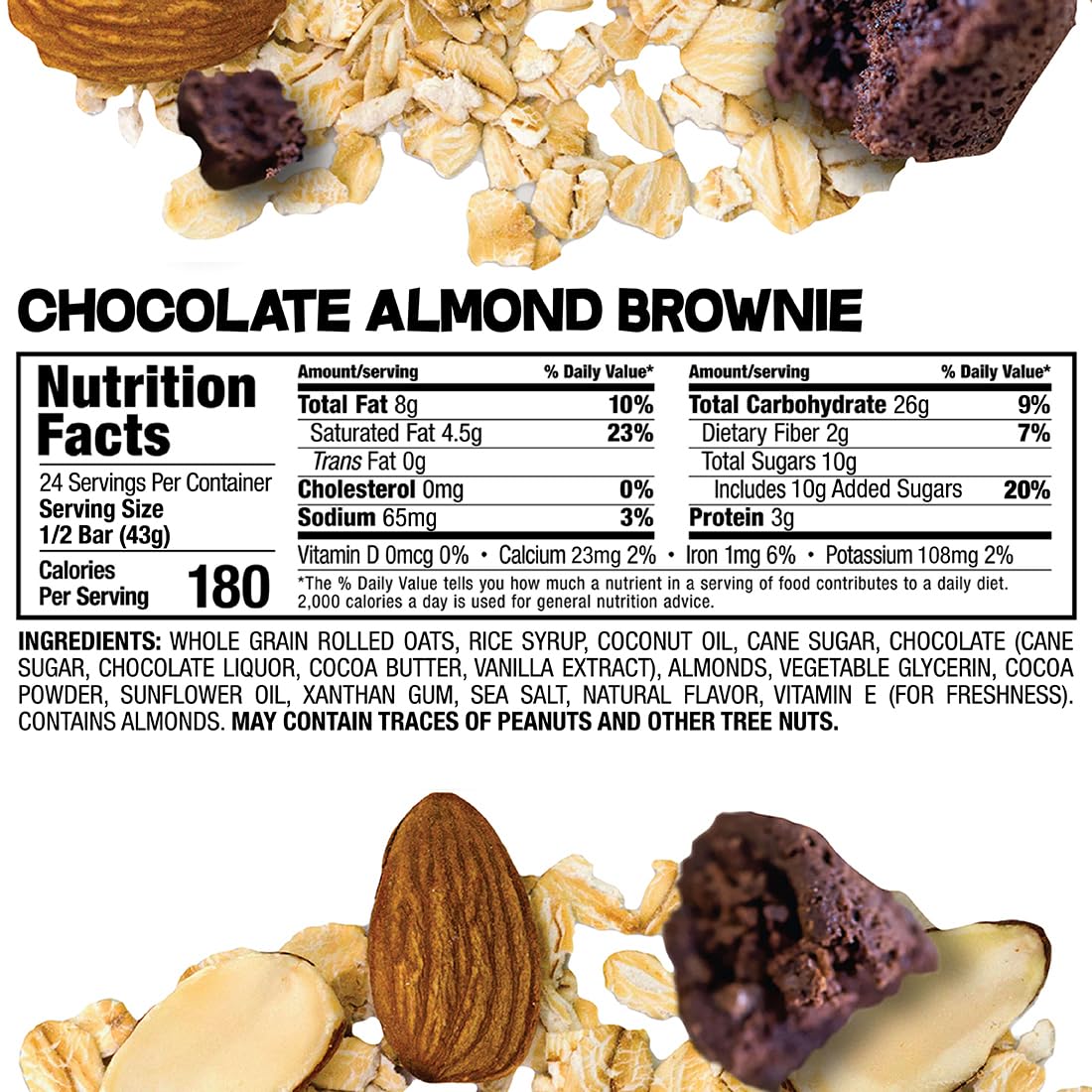 Pack shot of Bobo's Chocolate Almond Brownie Oat Bar highlighting gluten-free, plant-based snack.