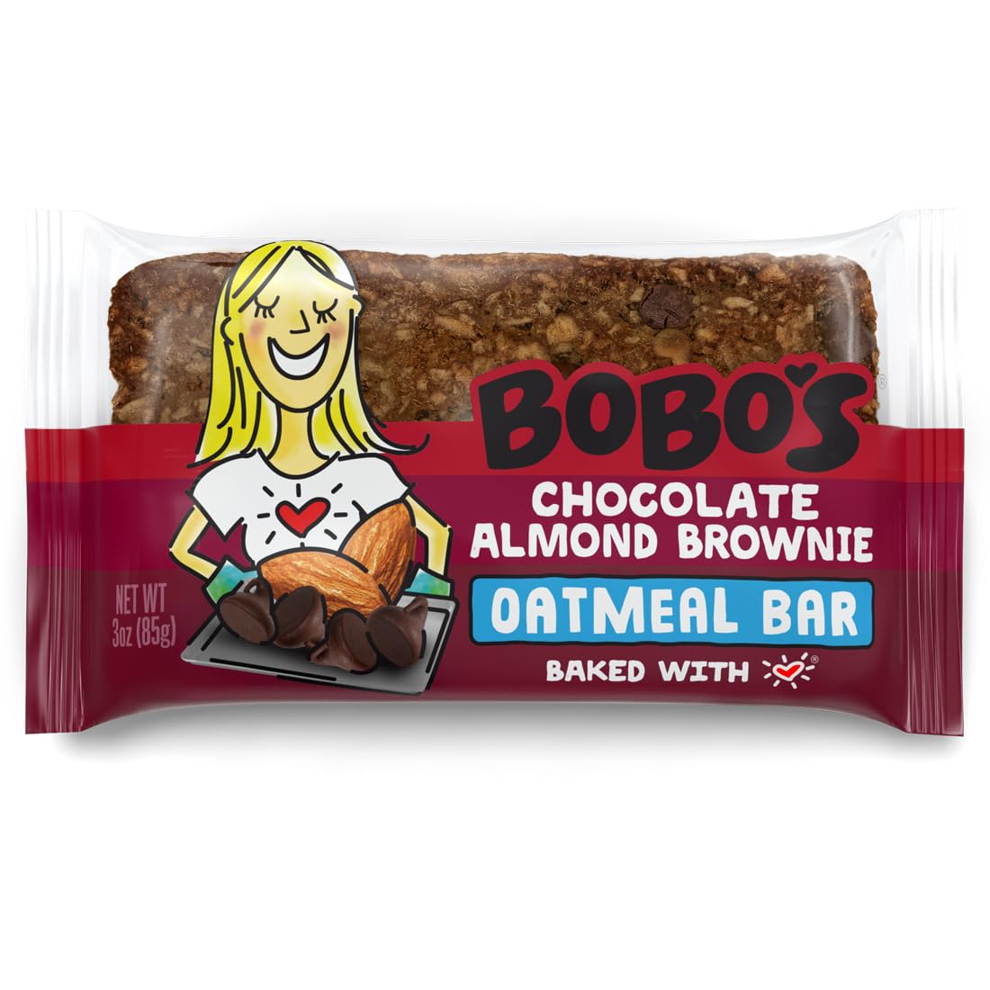 Bobo's Chocolate Almond Brownie Oat Bar on a wood counter for a convenient breakfast on the go.