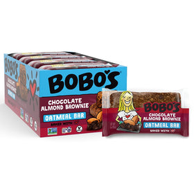 Unwrapped Bobo's Chocolate Almond Brownie Oat Bar highlighting soft texture for on-the-go snacking.
