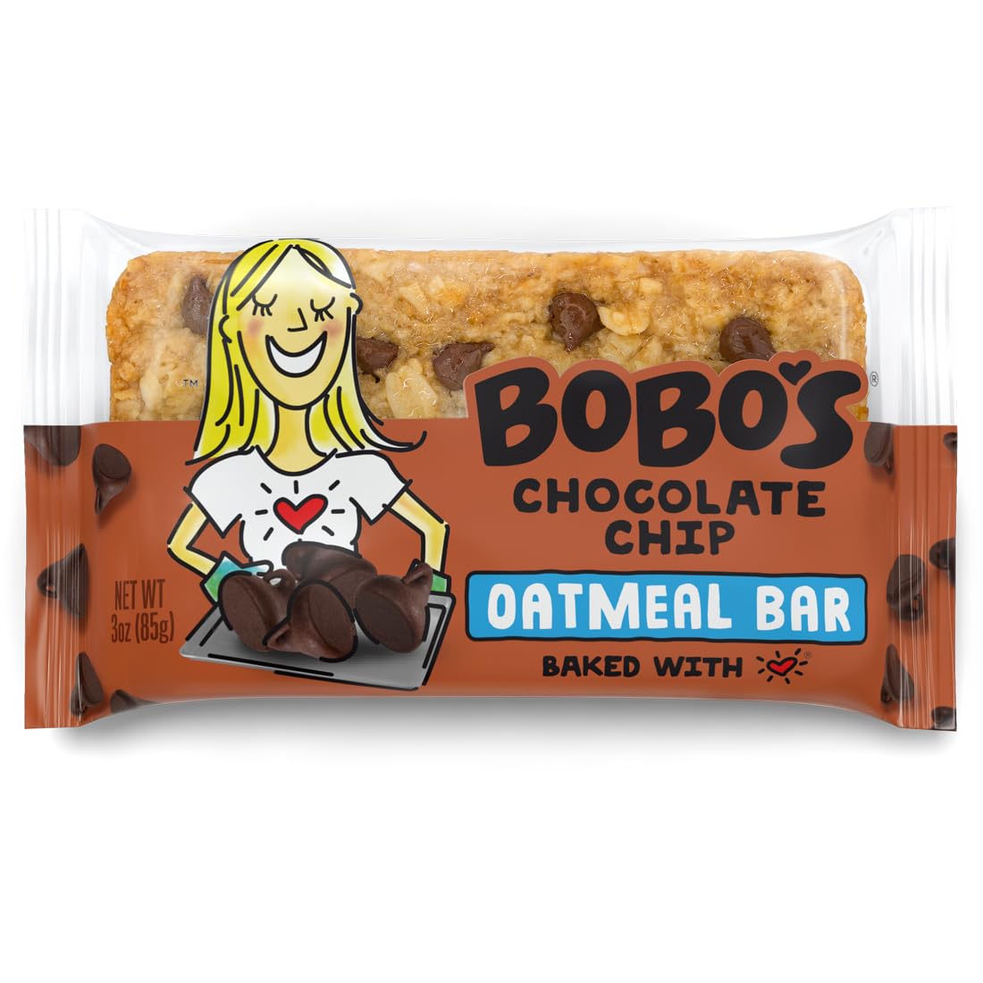 Bobos chocolate chip oat bar pack; gluten-free, plant-based convenience.