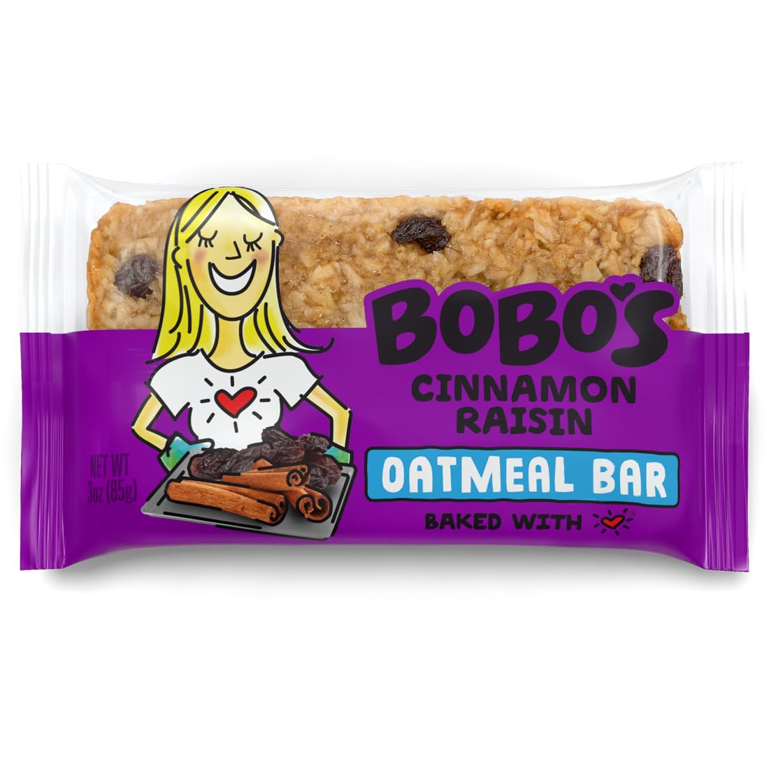 Bobos Cinnamon Raisin Oat Bars pack shot, gluten-free, convenient 12-bar pack for on-the-go snacks
