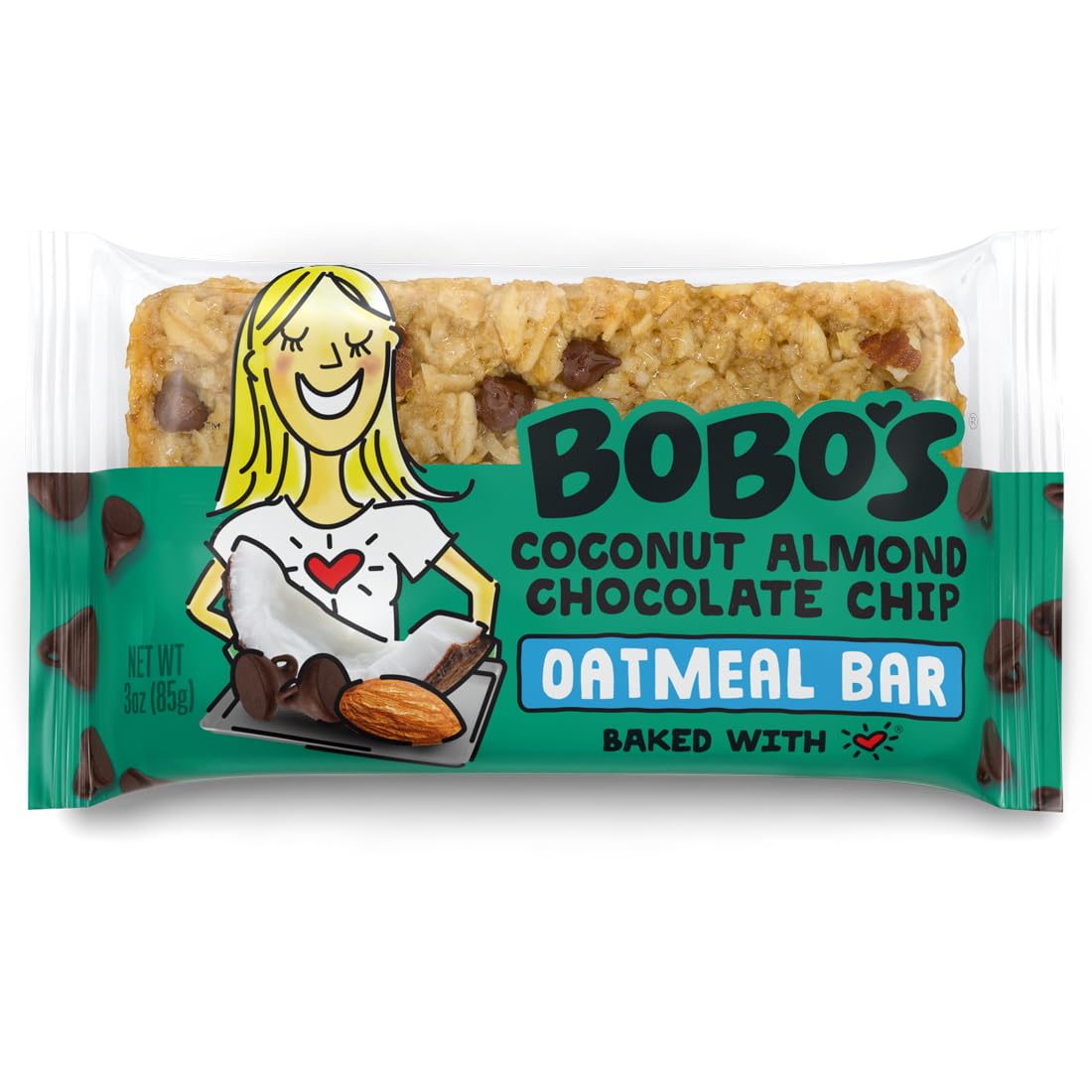 Bobo's Coconut Almond Chocolate Chip Oat Bar packaged for on-the-go snacking.