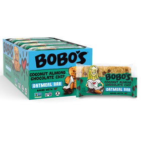 Bobo's Coconut Almond Chocolate Chip Oat Bar texture close-up showing chewy oats and chips.