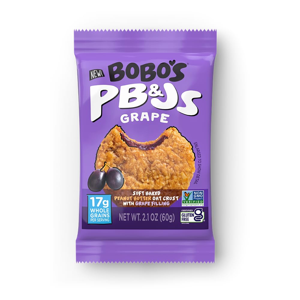 Bobo's Grape PB&J oat bar wrapper highlighting the snack's wholesome appeal