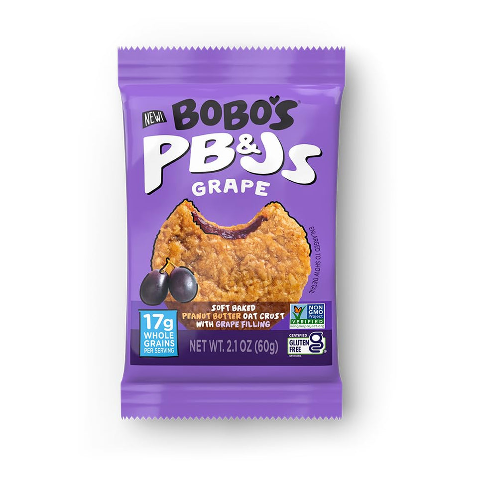 Bobo's Grape PB&J oat bar wrapper highlighting the snack's wholesome appeal