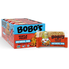 Bobo's Maple Pecan Oat Bar ingredients close-up, gluten-free and plant-based.