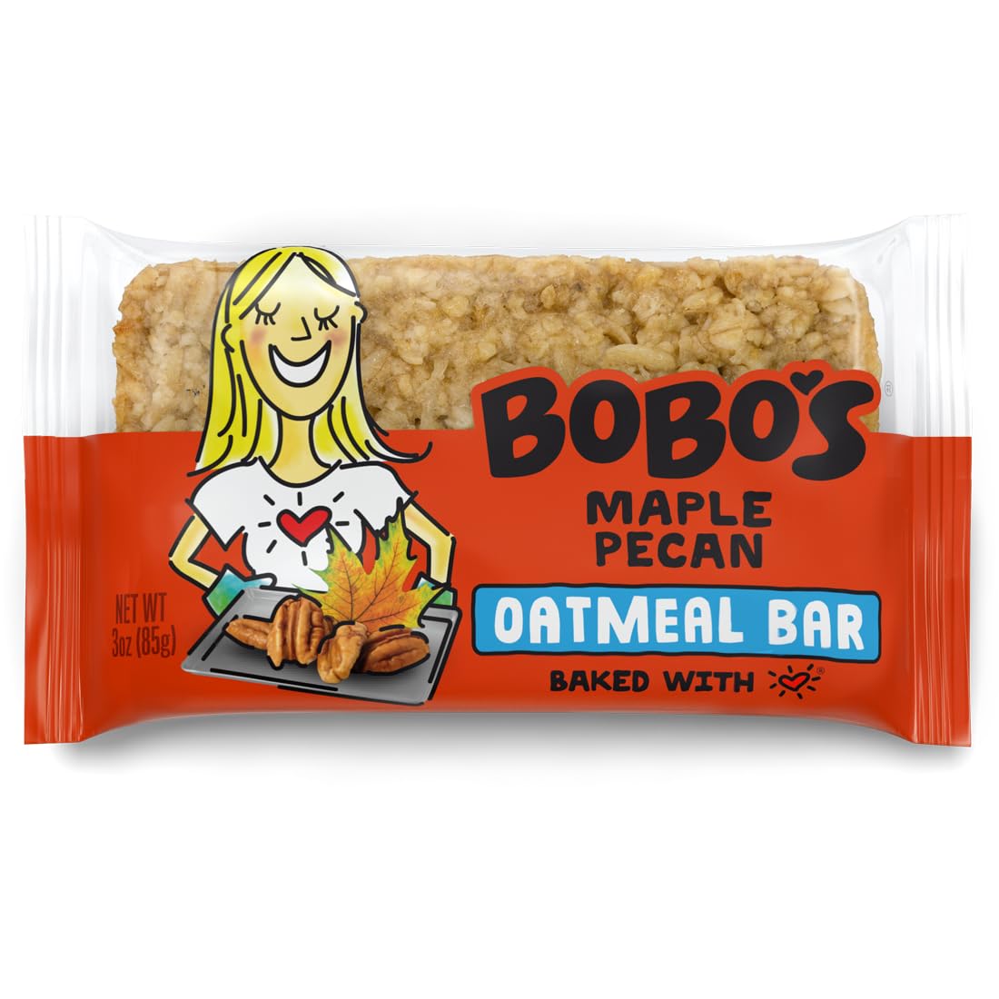 Bobo's Maple Pecan Oat Bar pack shot, convenient 12-bar box for on-the-go snacking.