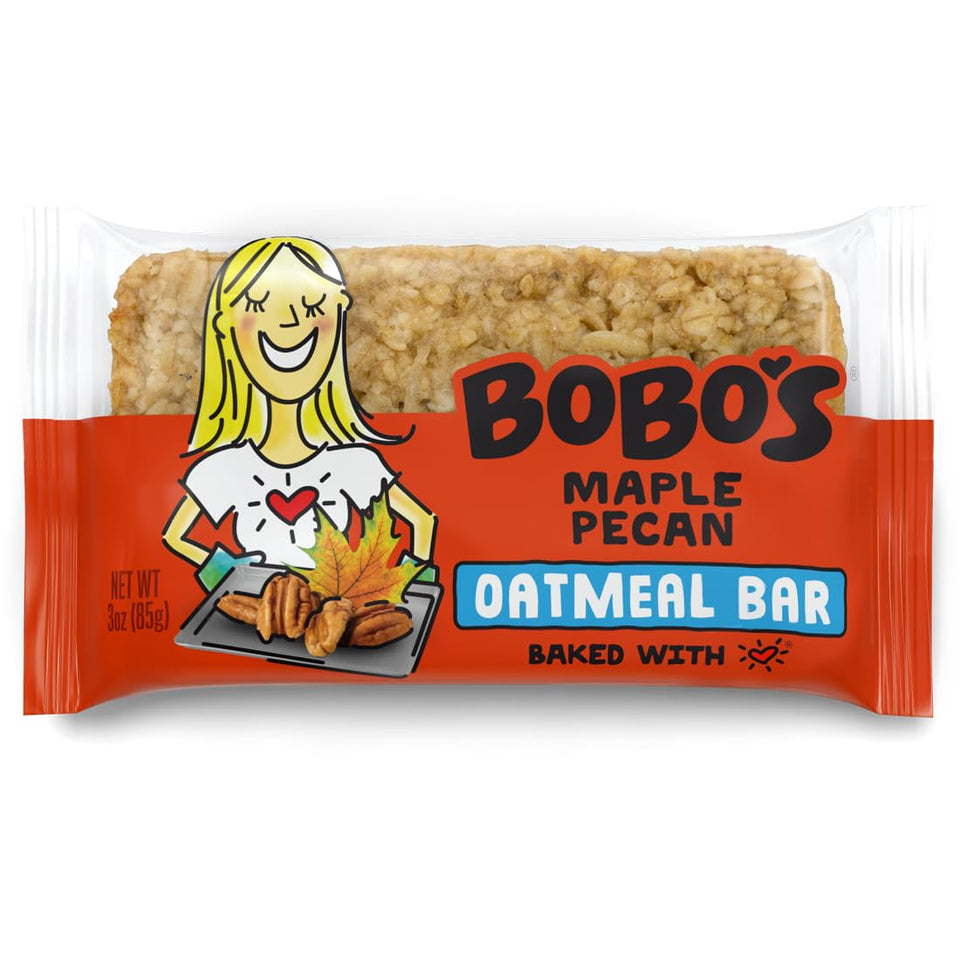 Bobo's Maple Pecan Oat Bar pack shot, convenient 12-bar box for on-the-go snacking.