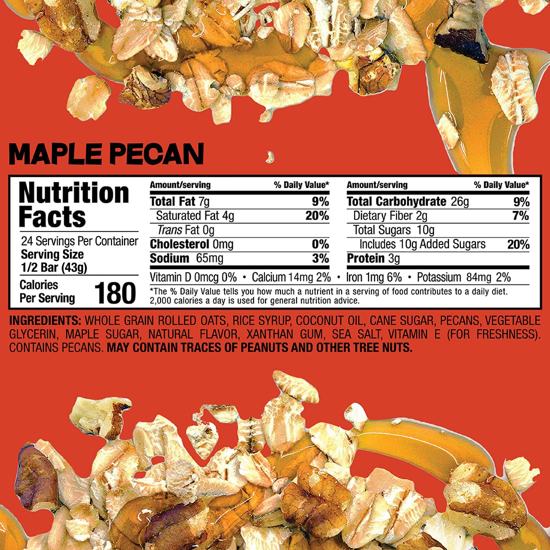 Bobo's Maple Pecan Oat Bar texture close-up, chewy whole-grain bite.