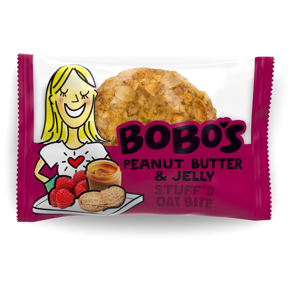 Bobo's PB&J Stuff'd Oat Bites pack shot showing gluten-free, plant-based snack for lunches.