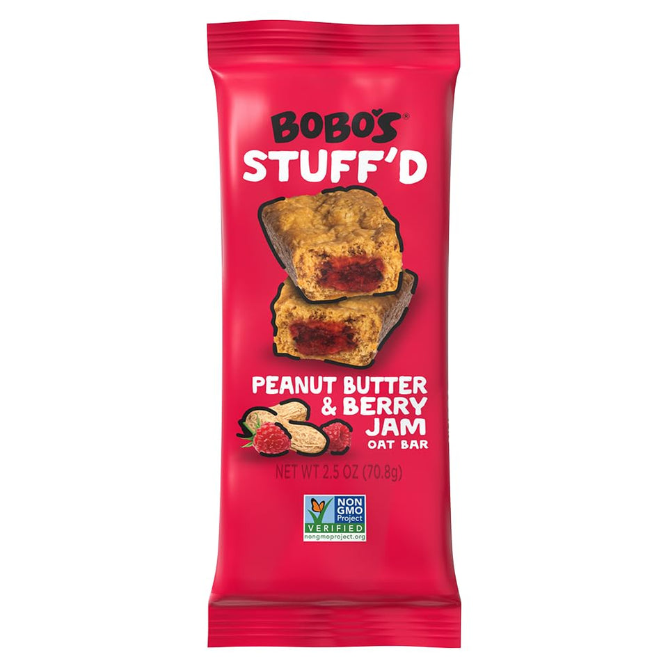 Bobo's PB&J Stuff'd bars packaging close-up, showcasing wholesome ingredients.