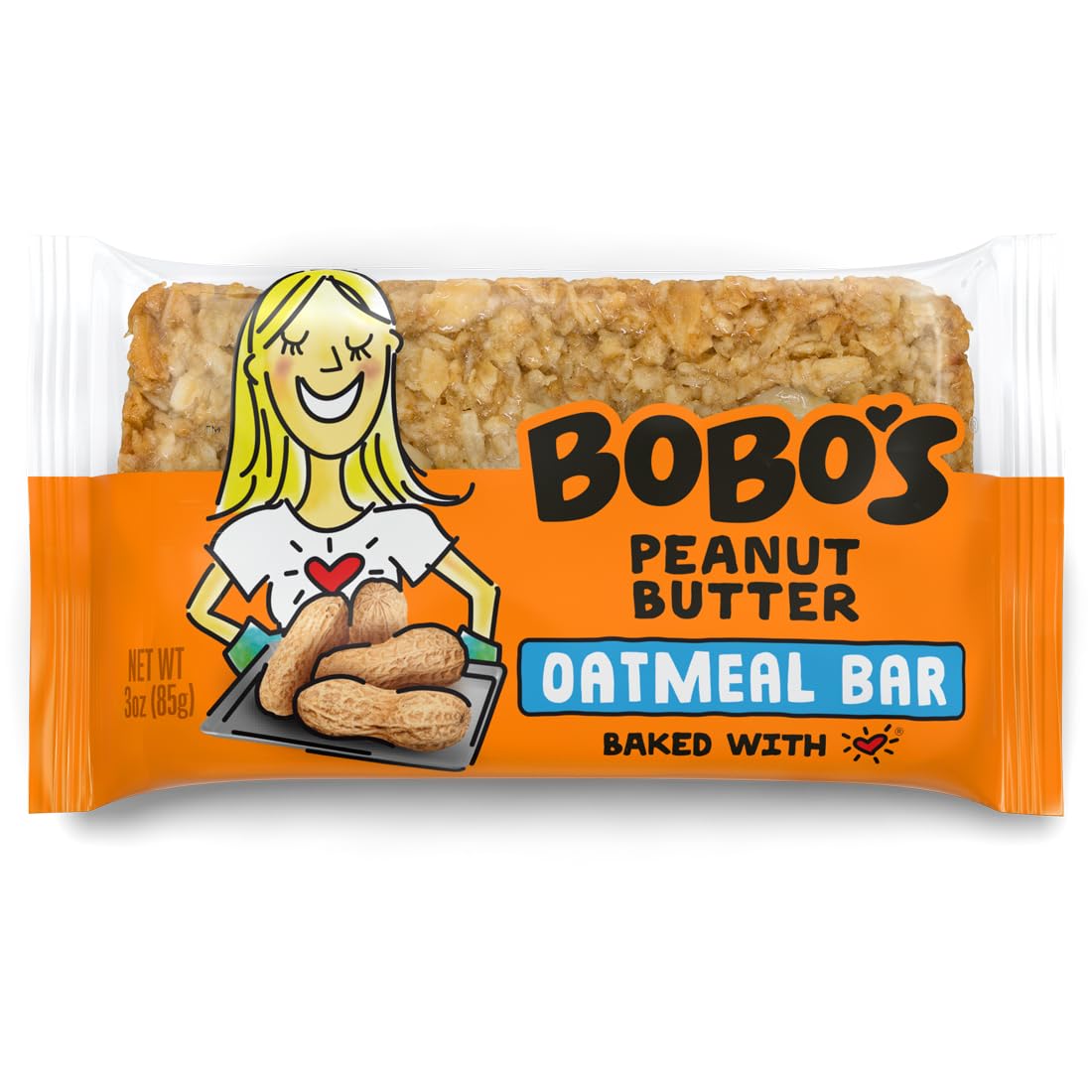 Bobo's Peanut Butter Oat Bars packaging highlights gluten-free, plant-based snack for on-the-go mornings.