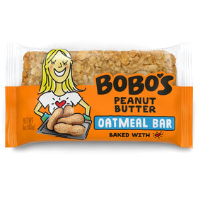 Bobo's Peanut Butter Oat Bars packaging highlights gluten-free, plant-based snack for on-the-go mornings.