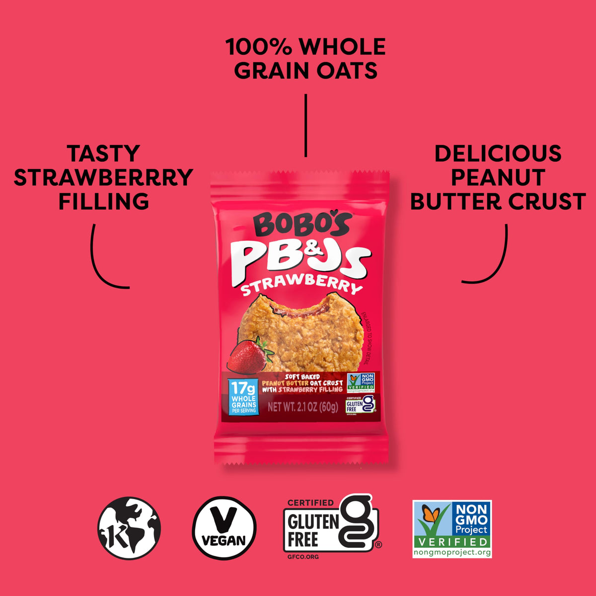 Close-up of oats and fruit jelly in Bobo's PB&J Oat Snacks, real fruit filling.