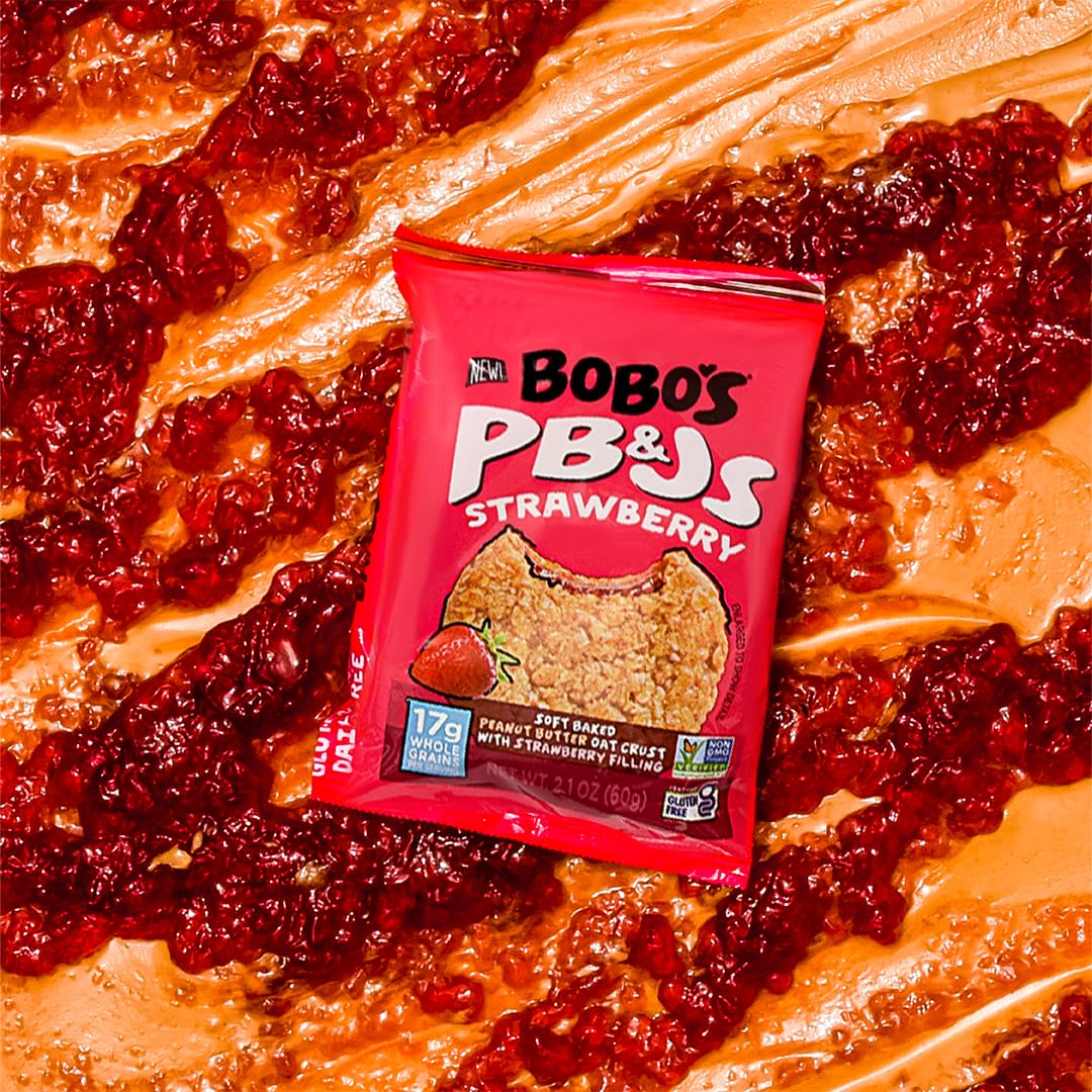 Single-serving Bobo's PB&J Oat Snacks for on-the-go snacking.