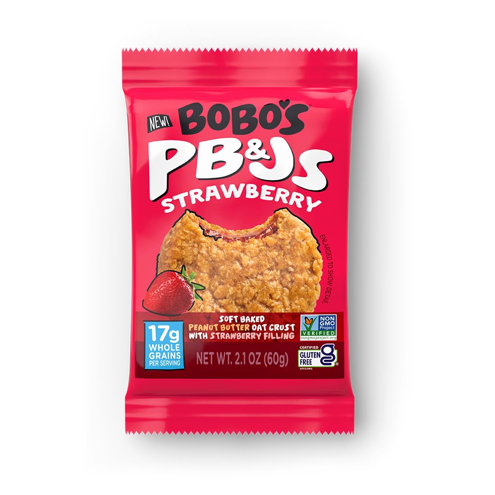 Bobo's Strawberry PB&J Oat Snacks packaging display, gluten-free and plant-based ingredients.