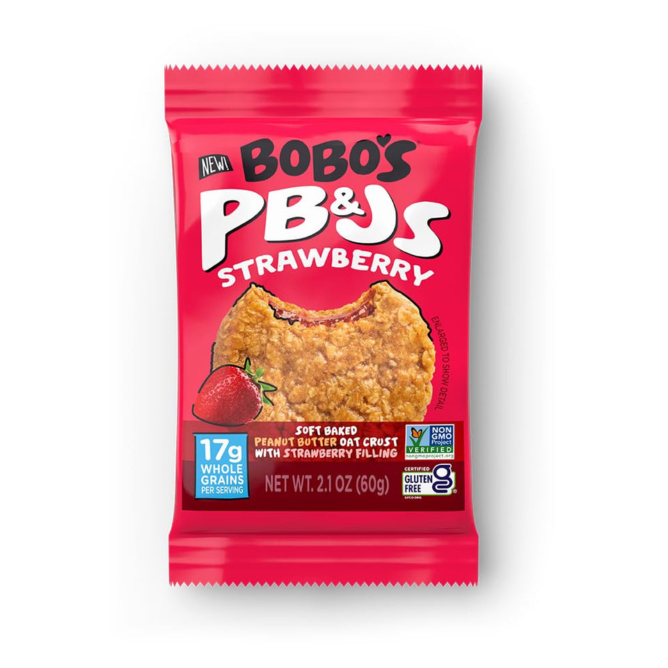 Bobo's Strawberry PB&J Oat Snacks packaging display, gluten-free and plant-based ingredients.