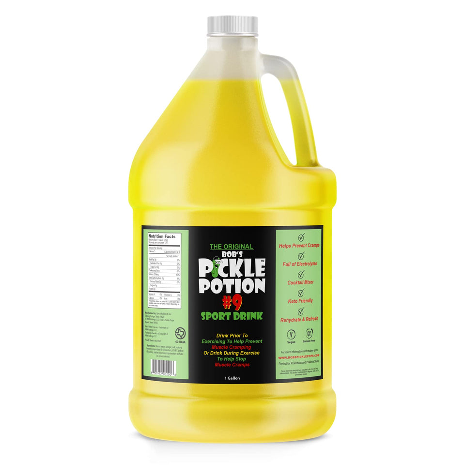 Bob's Pickle Potion #9 dill juice bottle for refreshing hydration and electrolytes.