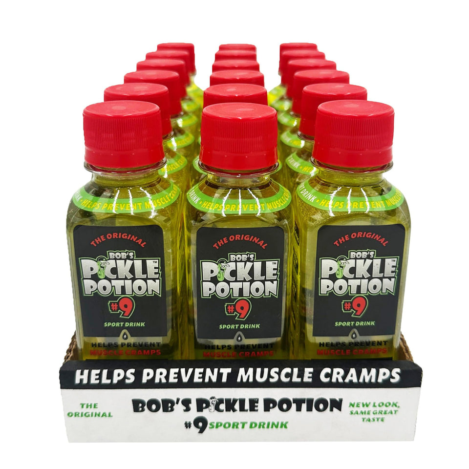 Bob's Pickle Potion #9 electrolyte shot bottle for hydration during workouts.