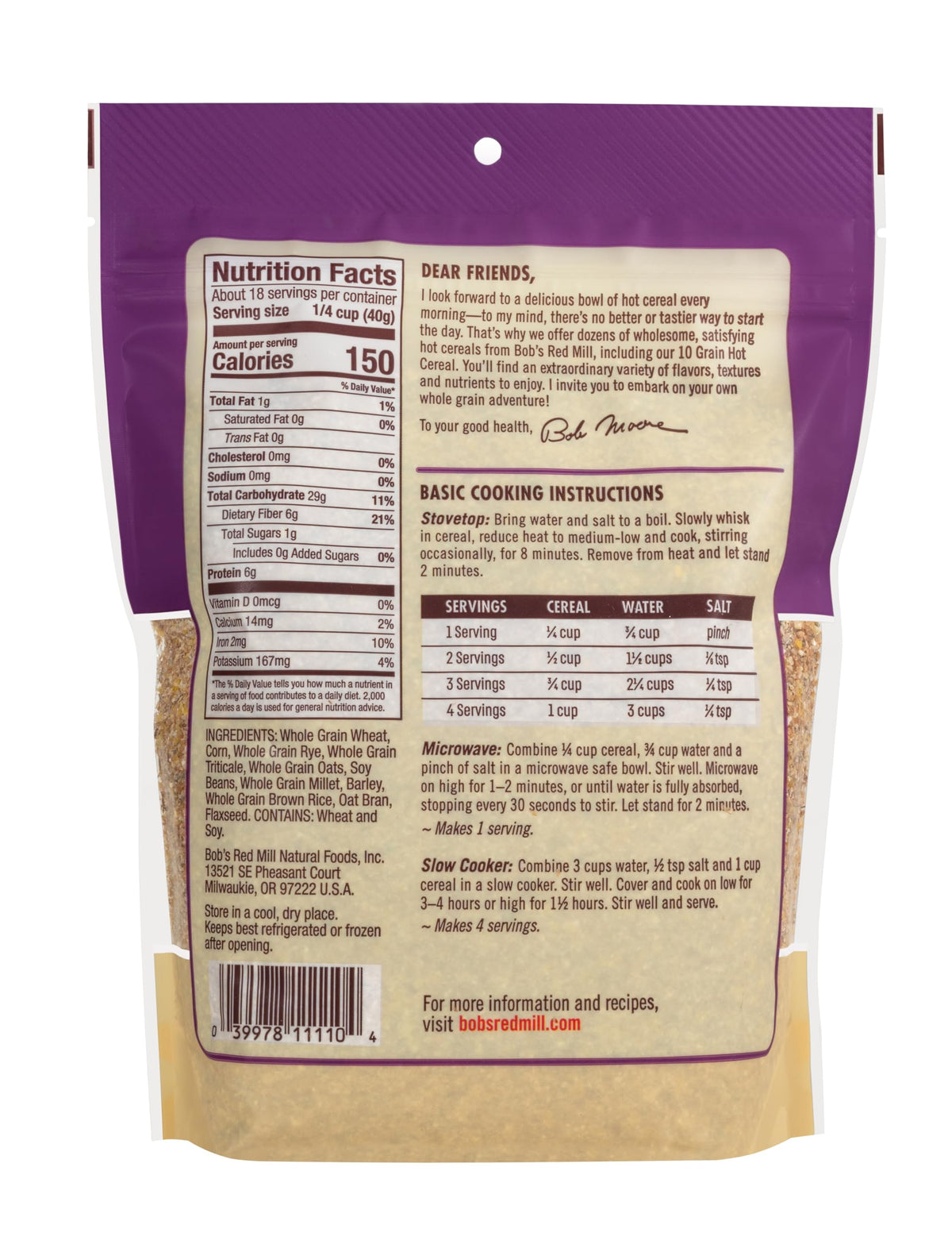Bob's Red Mill 10 Grain Hot Cereal in a bowl; creamy, wholesome breakfast.