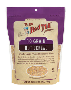 Bob's Red Mill 10 Grain Hot Cereal pouch back; easy meal planning.
