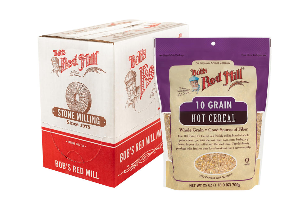 Bob's Red Mill 10 Grain Hot Cereal pouch front; wholesome breakfast option.