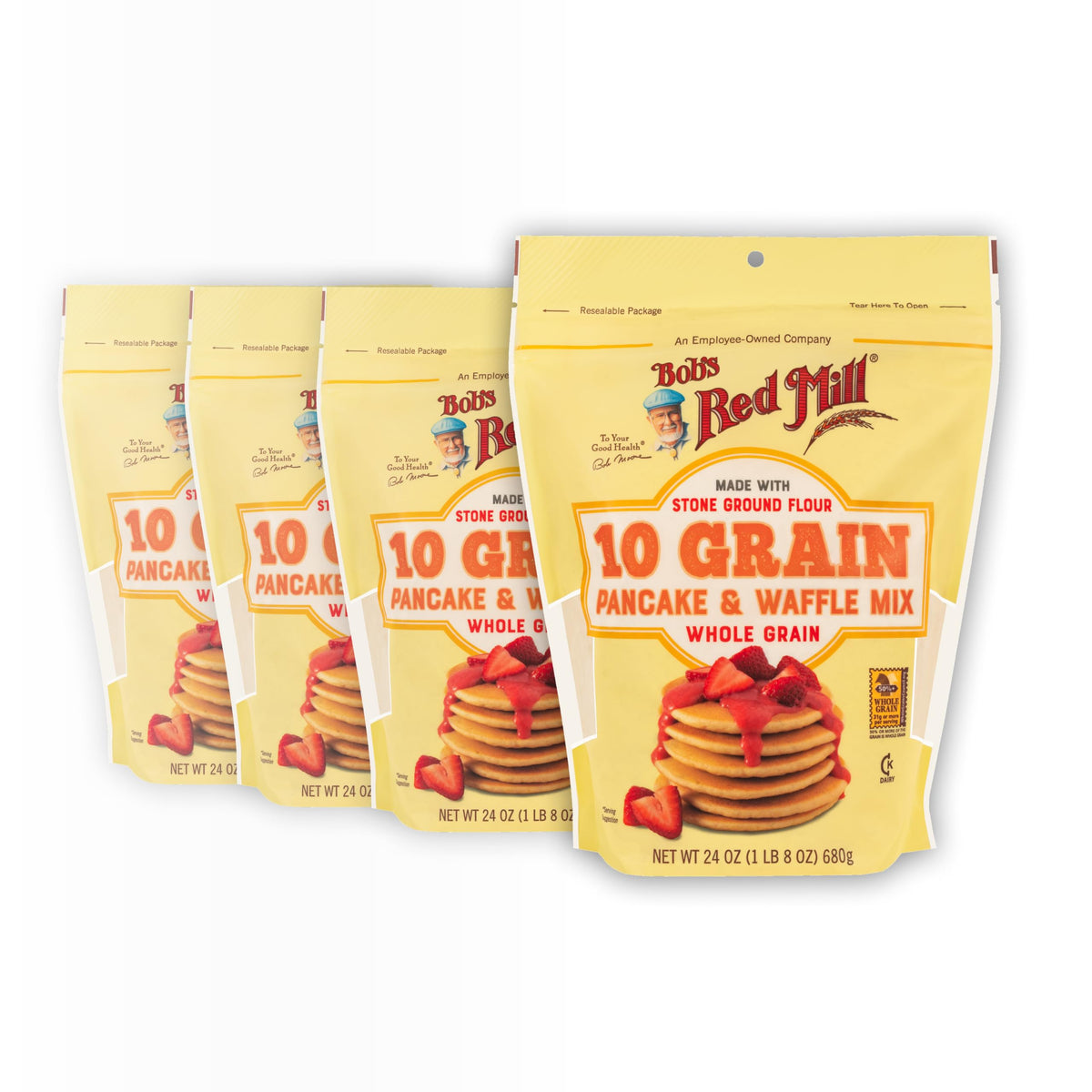 Bob's Red Mill 10 Grain Pancake Mix pancake stack showcases hearty whole grain flavor.