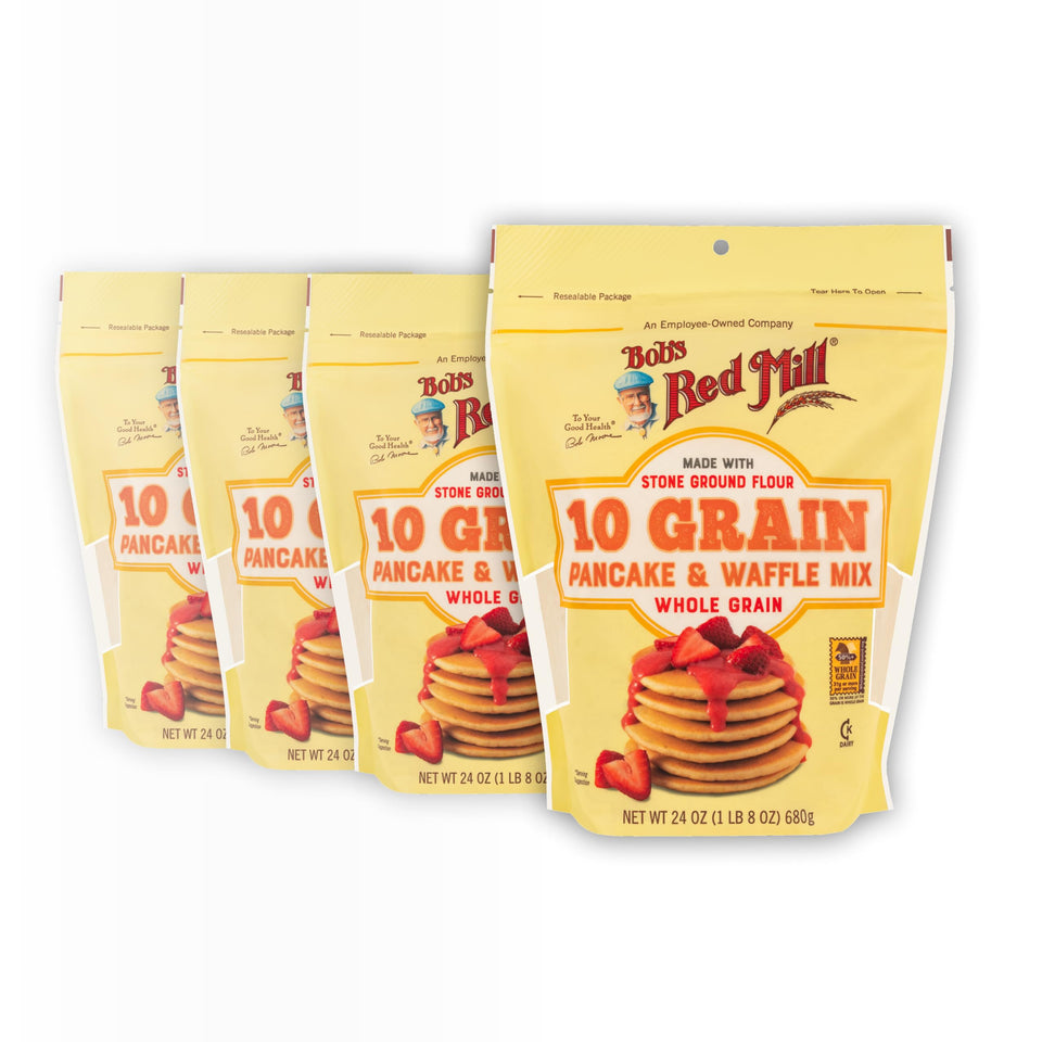 Bob's Red Mill 10 Grain Pancake Mix pancake stack showcases hearty whole grain flavor.