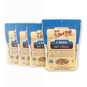 Bob's Red Mill 5 Grain Hot Cereal pack front highlighting a fiber-rich breakfast option