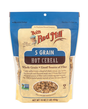 Bob's Red Mill 5 Grain Hot Cereal ready bowl shows a quick satisfying morning meal
